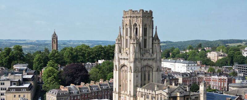 Bristol skyline with the wills building in the foreground and cabot tower visible in the background